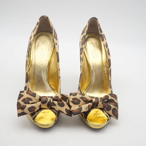 Coach Women's 8 Leopard Print Satin Peep Toe Gold Heels Daisey - Picture 7 of 11